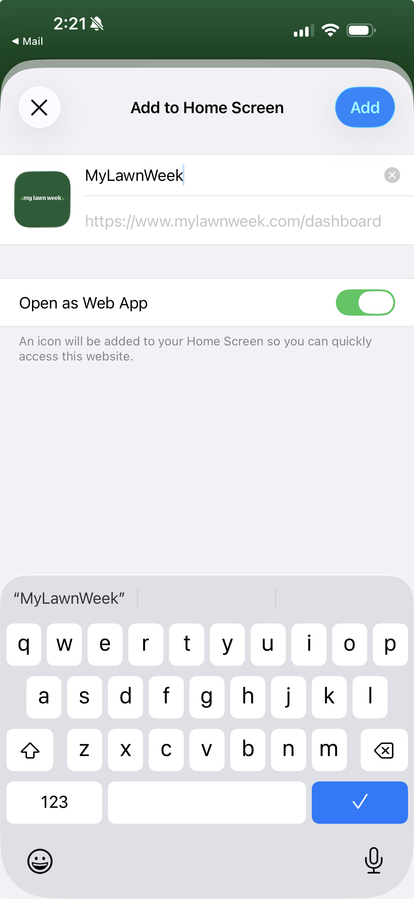 Add to Home Screen naming dialog